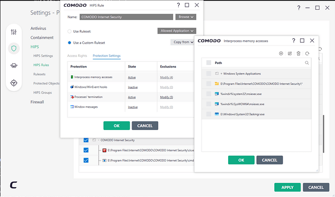 Exclusion - edit protection settings